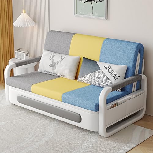 Folding Sofa Bed, Dual-Purpose Multifunctional Sofa Bed for Living Room, 2-in-1 Pull-Out Sofa Bed with Foam Mattress, Small-Space Balcony Sofa Bed with Storage (Grey-Yellow-Blue, 33*62.2*36.22 Inches)