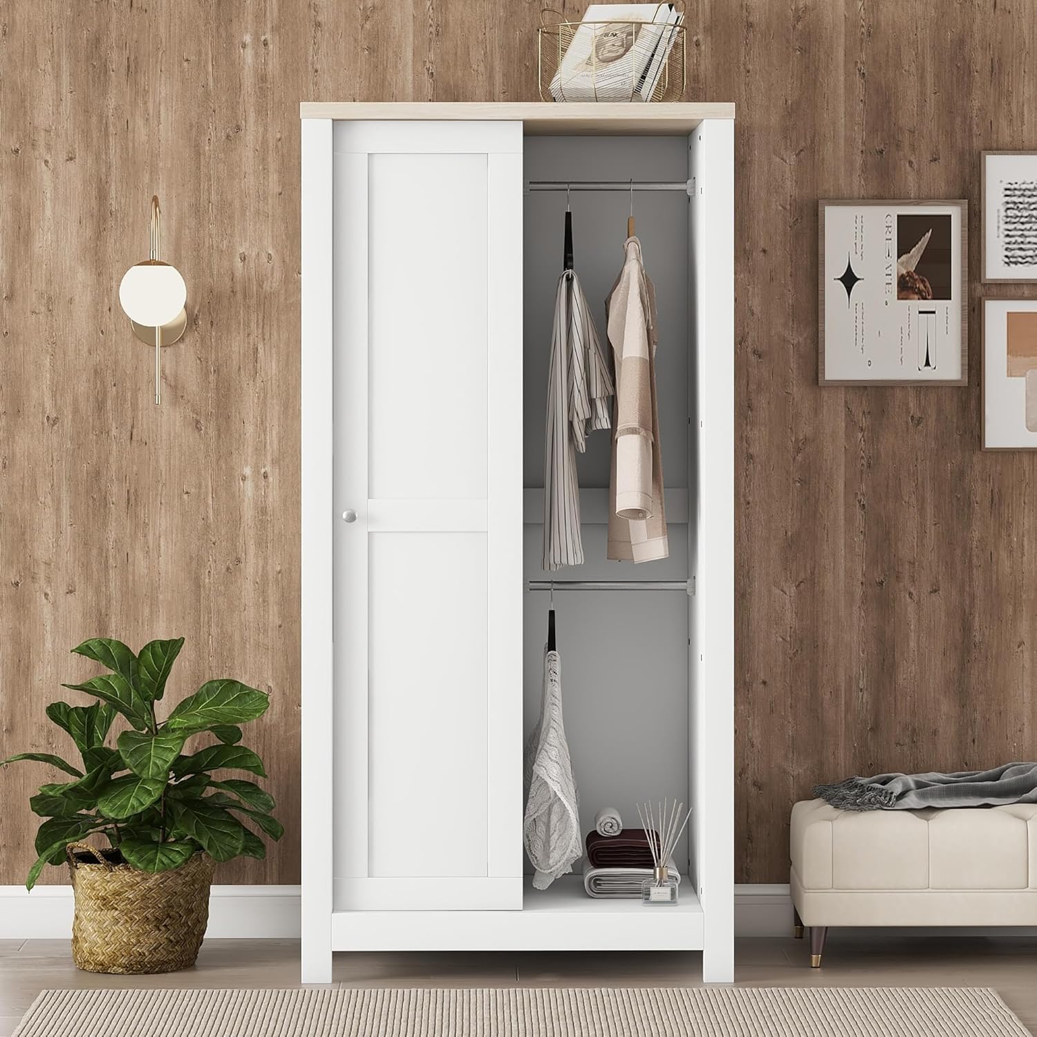 Merax Wardrobe Closet Organizer with 2 Drawers, Open Shelves and Hanging Rods Slim Wooden Armoire Sliding Door Functional Clothes Storage Cabinet for Bedroom, White