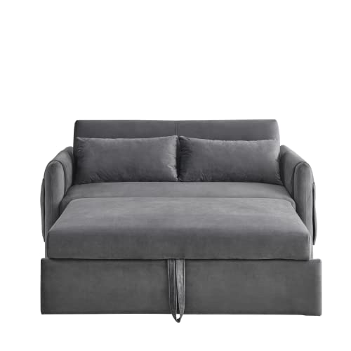 55" Convertible Sleeper Sofa Bed with 2 Pillows and 2 Detachable Pockets, Modern Velvet Upholstered Loveseat Sofa Couch with Pull Out Bed and Adjustable Backrest, Multifunctional 2-Seater Sofa, Blue