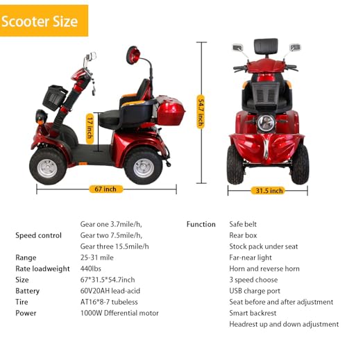 Heavy Duty 4 Wheels Mobility Scooter, All Terrain Electric Mobility Scooters for Seniors and Adults, 1000W Motor, Fat Tire, Adjustable Handle and Seats, 500lbs Capacity, 31-36 Miles of Range