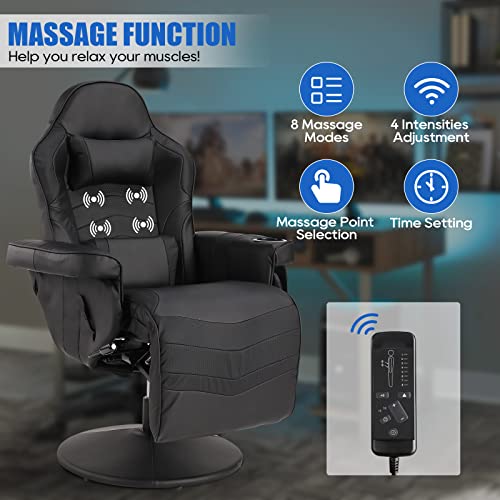 Reclining Gaming Chair - Gaming Recliner Chairs for Adults - PU Leather Gaming Chair with Massage, Swivel Gaming Recliner Chair with Adjustable Height, Lumbar Support, Side Pouch (Blue)