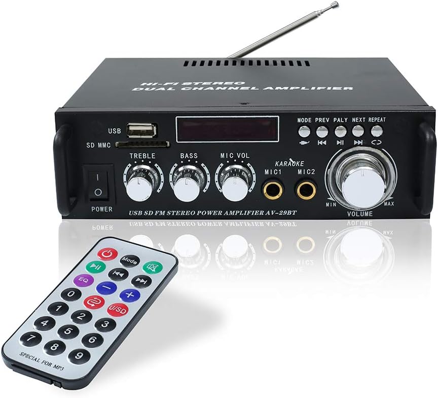 Bluetooth 5.0 Stereo Audio Amplifier Receiver – 300W HiFi Dual Channel Sound Receiver w/USB,SD Card,FM Radio,2 Microphone Input,Remote Control Mini Hi-Fi Karaoke Integrated Amp
