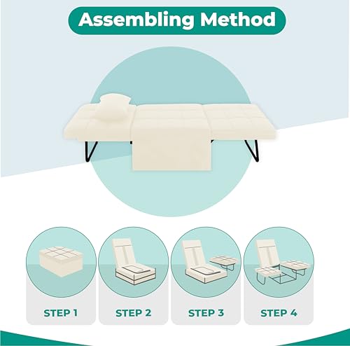 Sleeper Chair Bed, 4 In 1 Multi-Function Convertible Ottoman Bed, Breathable Linen Bed Chair, Convertible Sofa Bed with Adjustable Backrest, Modern Convertible Chair Bed Sleeper for Living Room, White