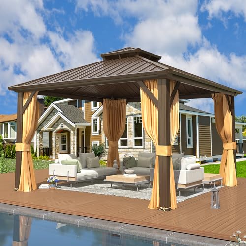 EROMMY 14'x20' Hardtop Gazebo Double Roof Galvanized Steel Canopy Outdoor Aluminum Frame Permanent Metal Pavilion with Netting and Curtains for Patio Backyard Deck and Lawns
