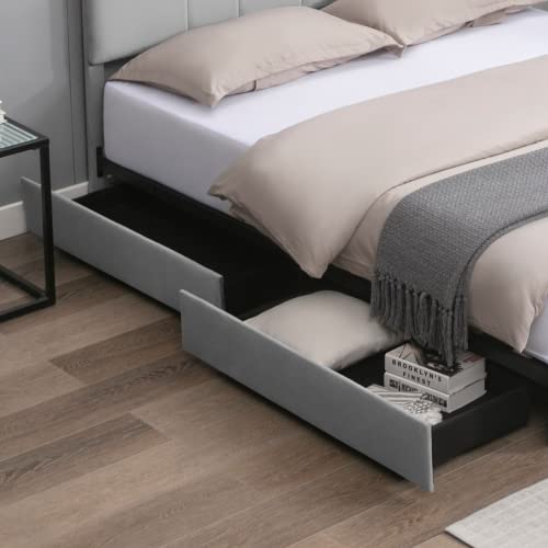 CECER Full Bed Frame with 4 Storage Drawers, Upholstered Storage Bed Platform with Adjustable Headboard for Bedroom/No Box Spring Needed/Easy Assembly/Velvet Fabric (Beige)