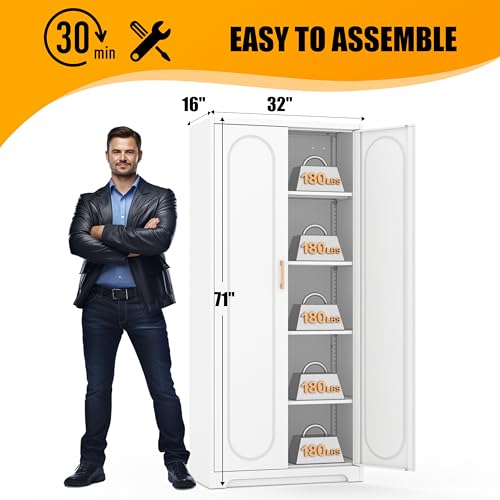 71" Tall Metal Storage Cabinet, Kitchen Pantry Storage Cabinets with Doors and 4 Shelves, White Pantry Cabinet, Utility Kitchen Cupboard, Large Steel Cabinets for Dining Room, Office, Living Room