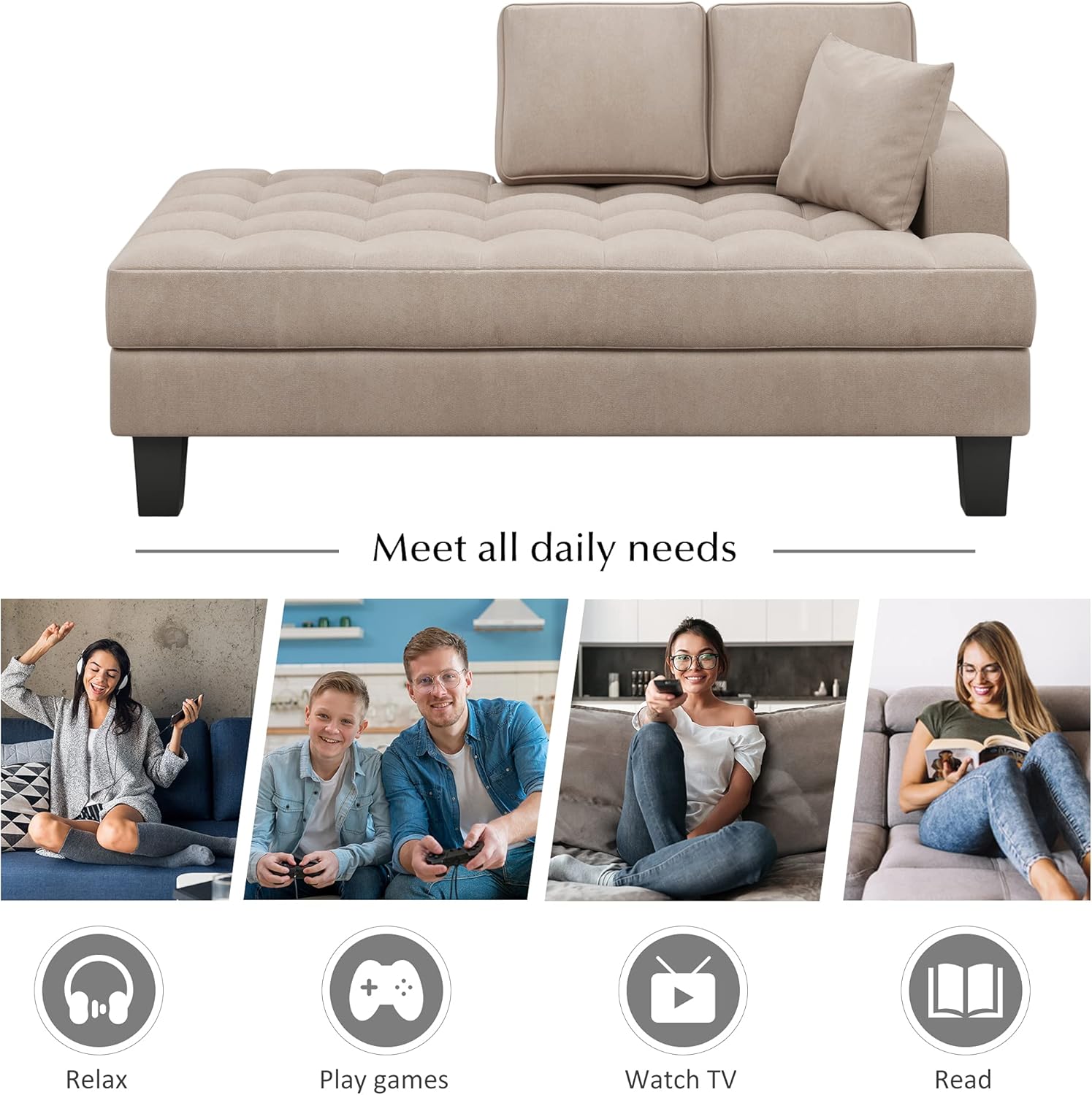 2 Pieces Tufted Upholstered Textured Fabric Chaise Lounge Set,with 2 Toss Pillow,Aristocratic Leisure Recliner,w/Armrests, Backrests,for Living Room Bedroom,Warm Grey