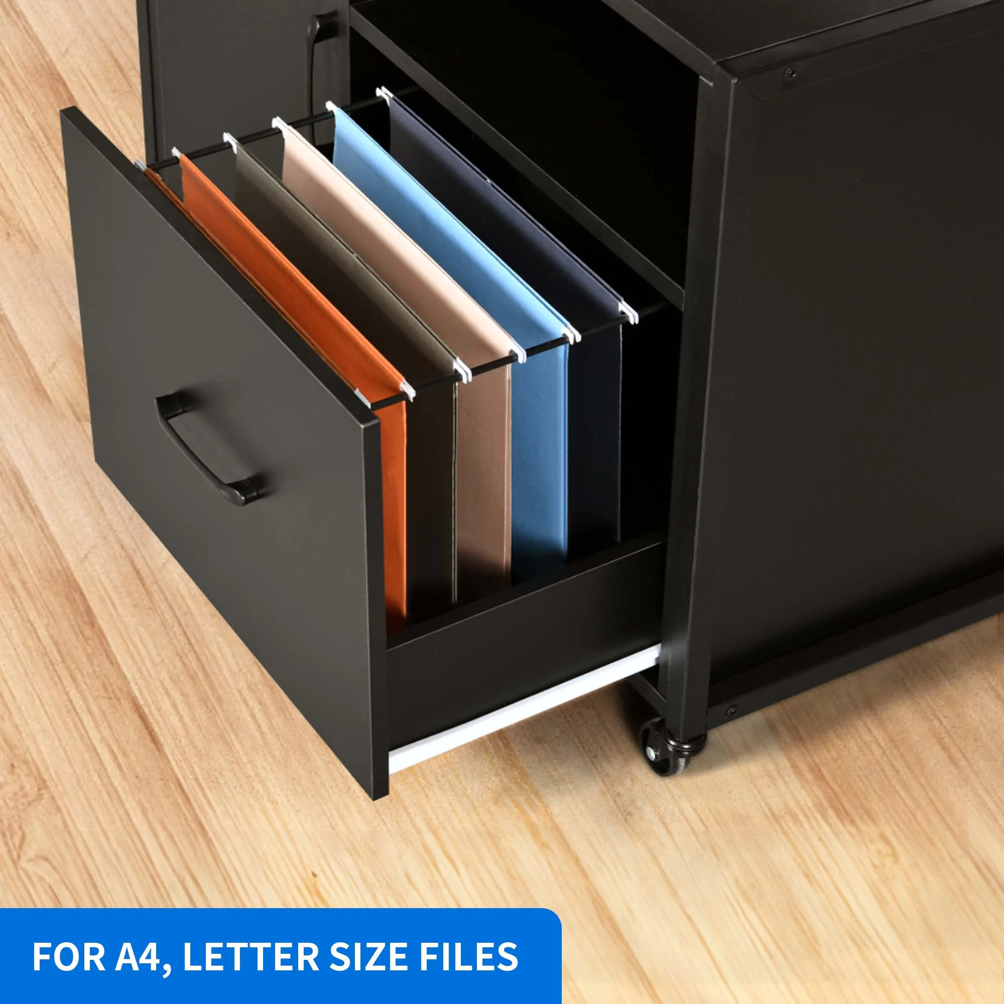 DWVO Wood File Cabinet with Charging Station, Rolling Lateral Filing Cart with Door & Printer Shelf for A4 Letter Size Files for Home Office
