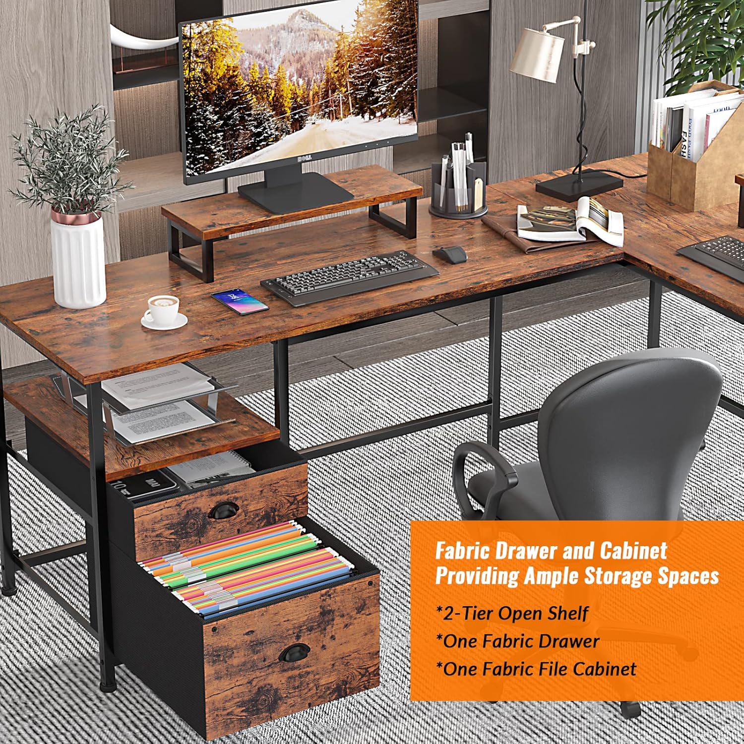 Furologee 66" L Shaped Computer Desk and Nightstand, Corner Gaming Desk with File Drawer and Dual Monitor Stand, End Table with Charging Station and Drawers, for Home/Office