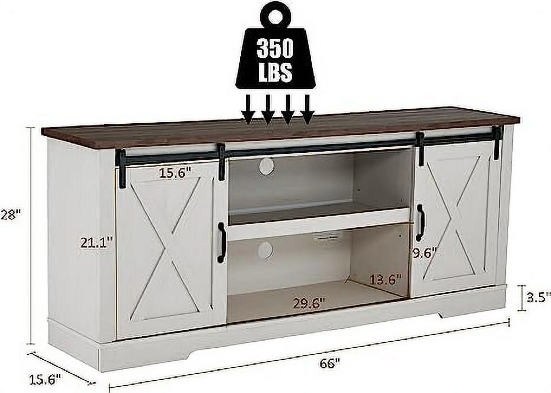 AMERLIFE Farmhouse TV Stand for 75 Inches TVs, 66" Entertainment Center with Siding Barn Door and Adjustable Shelf & Feet, Console Table with Storage, Distressed White & Rustic