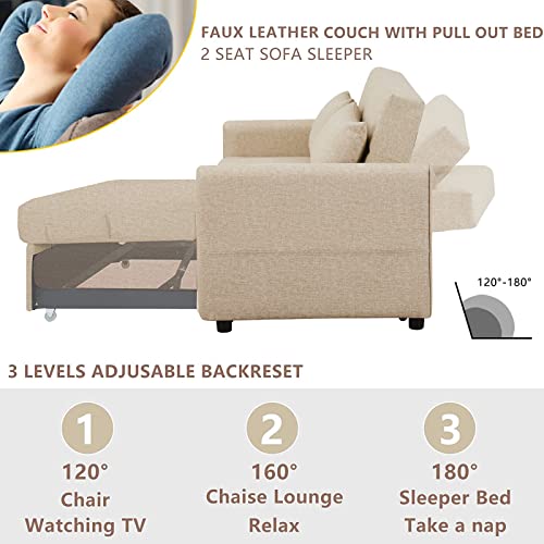 Aoowow Convertible Sleeper Sofa Bed 57 Inches, Velvet 2 Seats Sofa with Pull Out Bed,Loveseat Sofa Couch with Adjustable Backrest, 2 Pillows Side Pocket for Living Room Small Apartment (Light Brown)