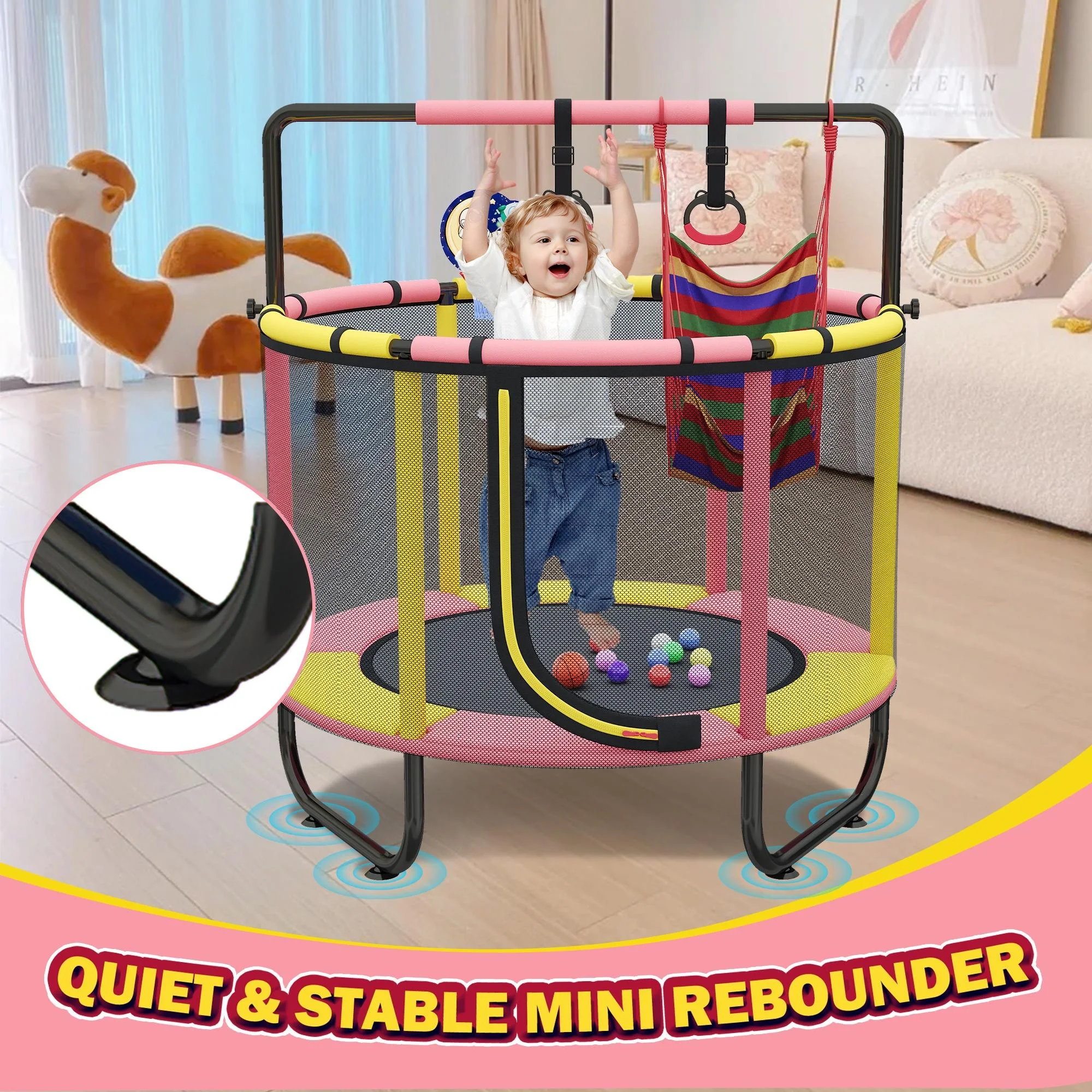 55'' Mini Trampoline for Kids, Small Toddler Trampoline with Enclosure, Indoor Outdoor Trampoline with Basketball Hoop, Adjustable Bar and Rings, Swing and Boxing Bag