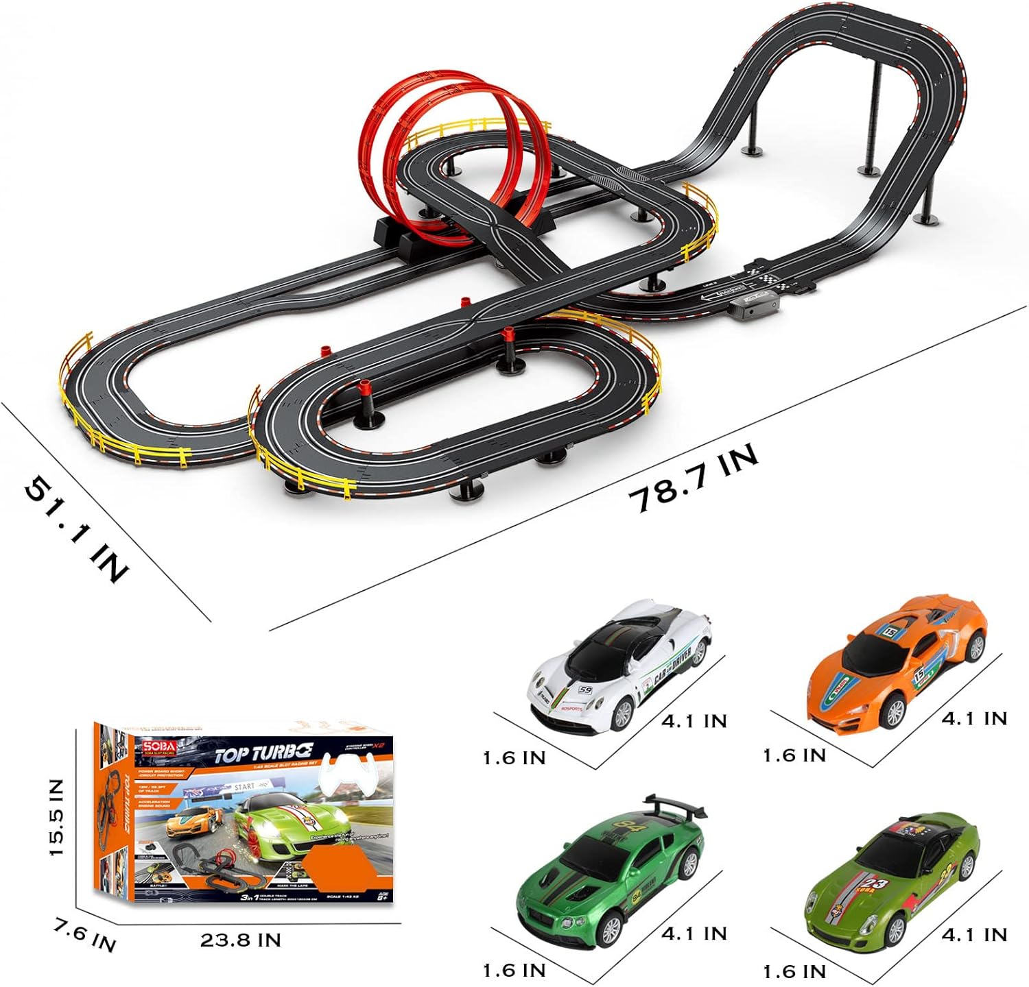 Slot Car Race Track Set Electric Powered Super Loop Speedway with Four Cars for Kids with Sounds and Light Dual Racing Adult-Slot Car Set