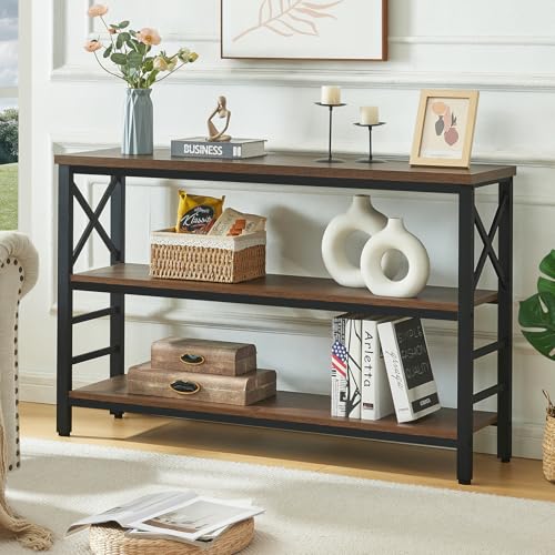 HOMBAZAAR Entryway Console Table, 47" Industrial Sofa Table,3-Tier Metal Entryway Table with Shelves,Foyer Tables for Living Room,Hallway,Entryway,Brown