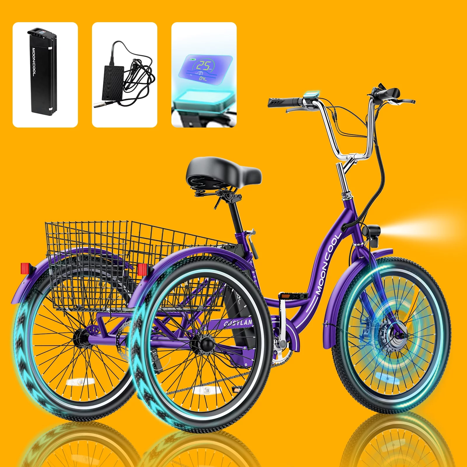 ABORON 350W Electric Trike, 7 Speed 24"/26" 3 Wheel Electric Bicycle with 36V 14.5Ah Lithium Battery UL Certified, Electric Tricycle for Adults with Rear Basket