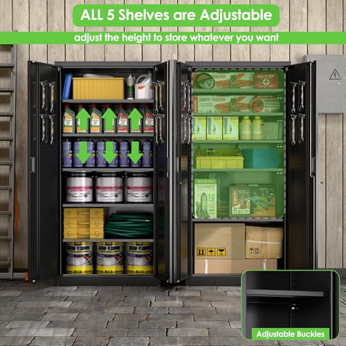 Aobabo Garage Storage Cabinet with Wheels,72" H Metal Storage Cabinet with 2 Doors and 4 Adjustable Shelves for Garage Home, Black,Required-Assembly