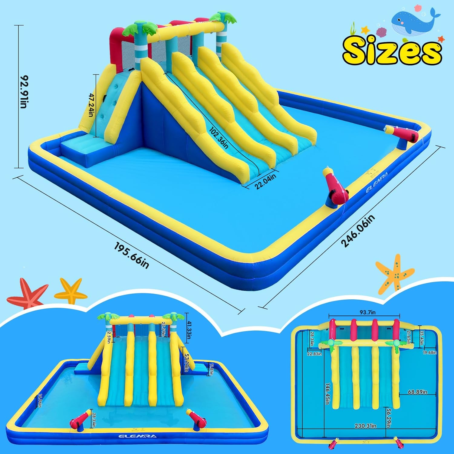 ELEMARA Extra Large Inflatable Water Slide Bounce House, Kids Water Park with Double-Layer Large Splashing Pool,3 Extra-Long Slides, Climbing Wall, 2 Water Cannons, Water Spraying, 750W Air Blower