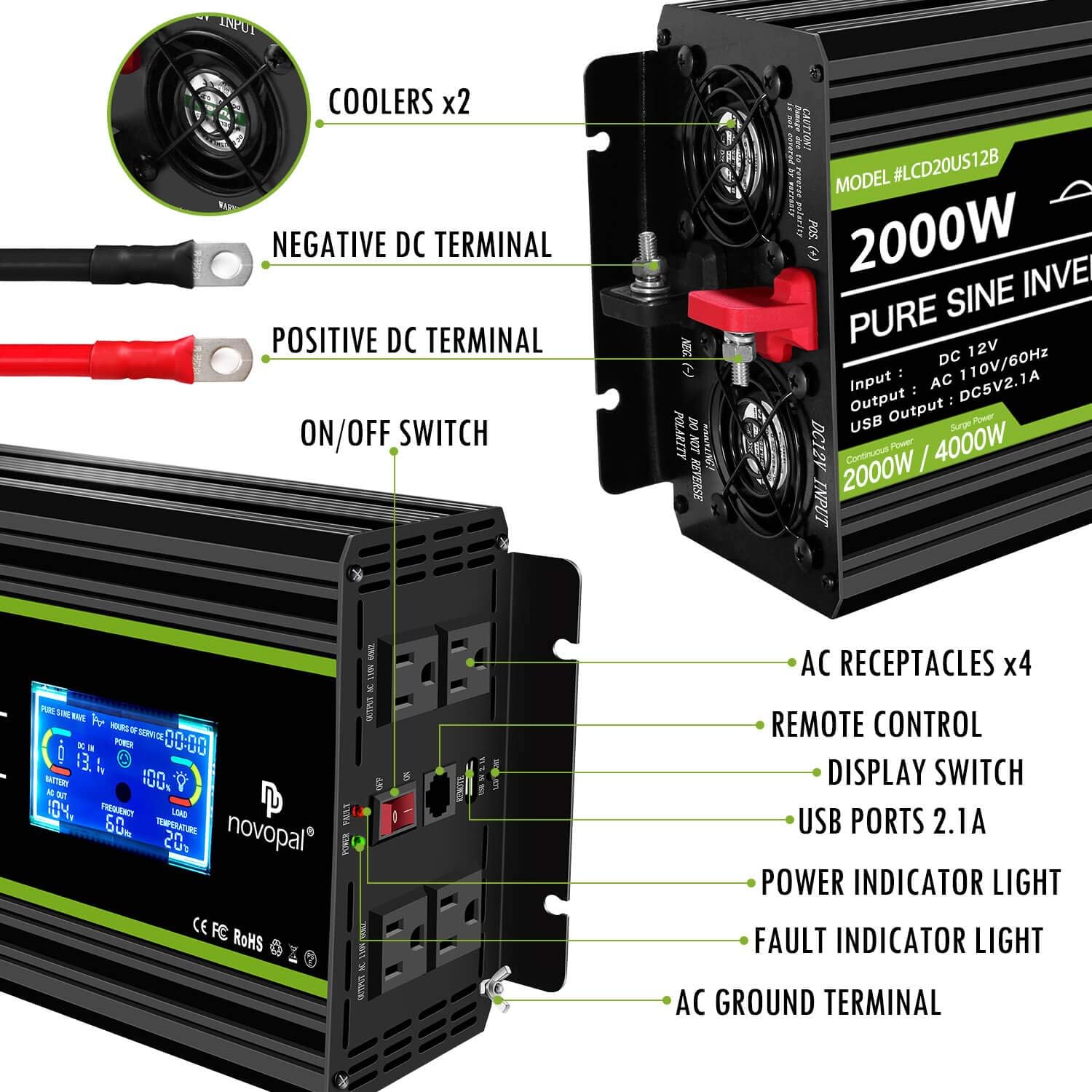 Novopal 2000 Watt Pure Sine Wave Power Inverter 12V DC to 110V/120V AC Converter- 4 AC Outlets Car Inverter with 1 USB Port-Remote Control and LCD Display Dual Cooling Fans Inverter for CPAP RV