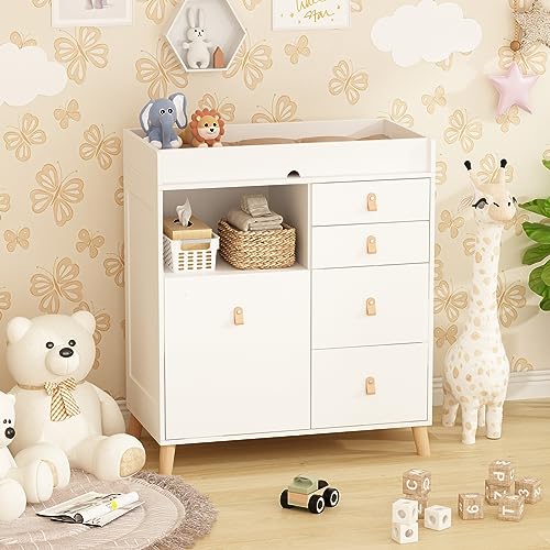 Baby Changing Table Dresser, 33.5" Baby Nursery Dresser with Drawers & Shelf, Wooden Storage Dresser Chest w/Changing Station for Infant Kids Bedroom, White