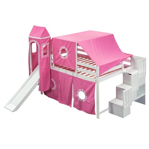 House Full Loft Bed with Slide,Storage Stairs and Tent, Wood Kids Loft Bunk Bed with Tower and Ladders, Playhouse Full Bed Frame for Kids, Teens, Boys & Girls (Full, Dark Blue)