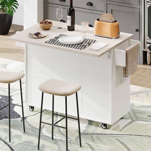 Kitchen Island with Trash Can Storage Cabinet, Kitchen Cart with Drop Leaf, Spice Rack, Towel Rack and 2 Drawers, Rolling Kitchen Island on Wheels with Adjustable Shelf, Brown