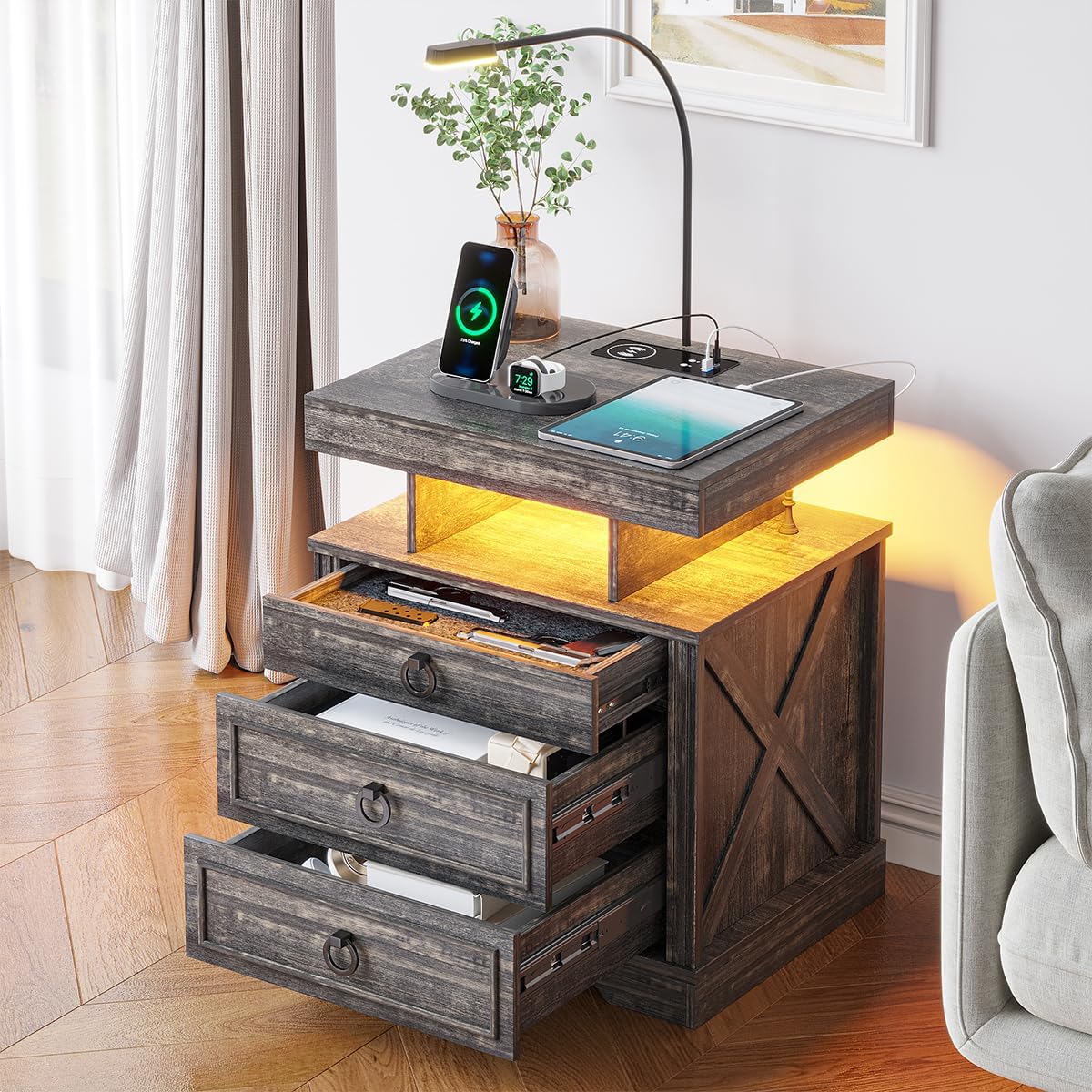 HNEBC Nightstand Side Table with Gun Case,Night Stand with Wireless Charging Station, Farmhouse Bedside Table with 2 Drawers, End Table with Bedside Lamp for Living Room/Bedroom, Rustic Brown
