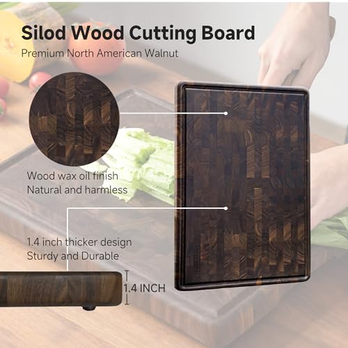 Muso Wood Large End Grain Cutting Borad 20x14 In, Checkered Cutting Board with Feet, Made from Walnut Wood, Chopping Board For Kitchen with Juice Groove Handles