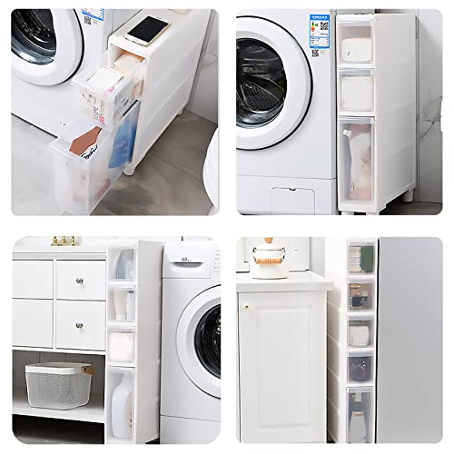 Narrow Tall Floor Cabinet for Bathroom, Vertical Storage Unit with 4 Clear Drawers and Casters, Slim Freestanding Narrow Dresser Tower Storage Drawer Cart, 14cm/22cm Width, Assembly Free