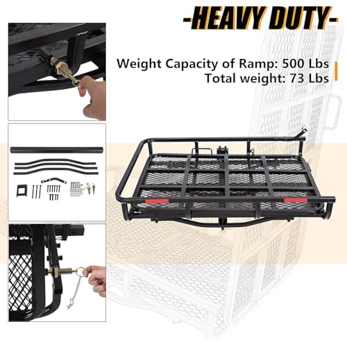 ECOTRIC Hitch Mount Wheelchair Carrier with Mobility Ramp for Wheelchair Scooter Lawn Mower Snow Blower Hauler 500lb Capacity Basket-Style