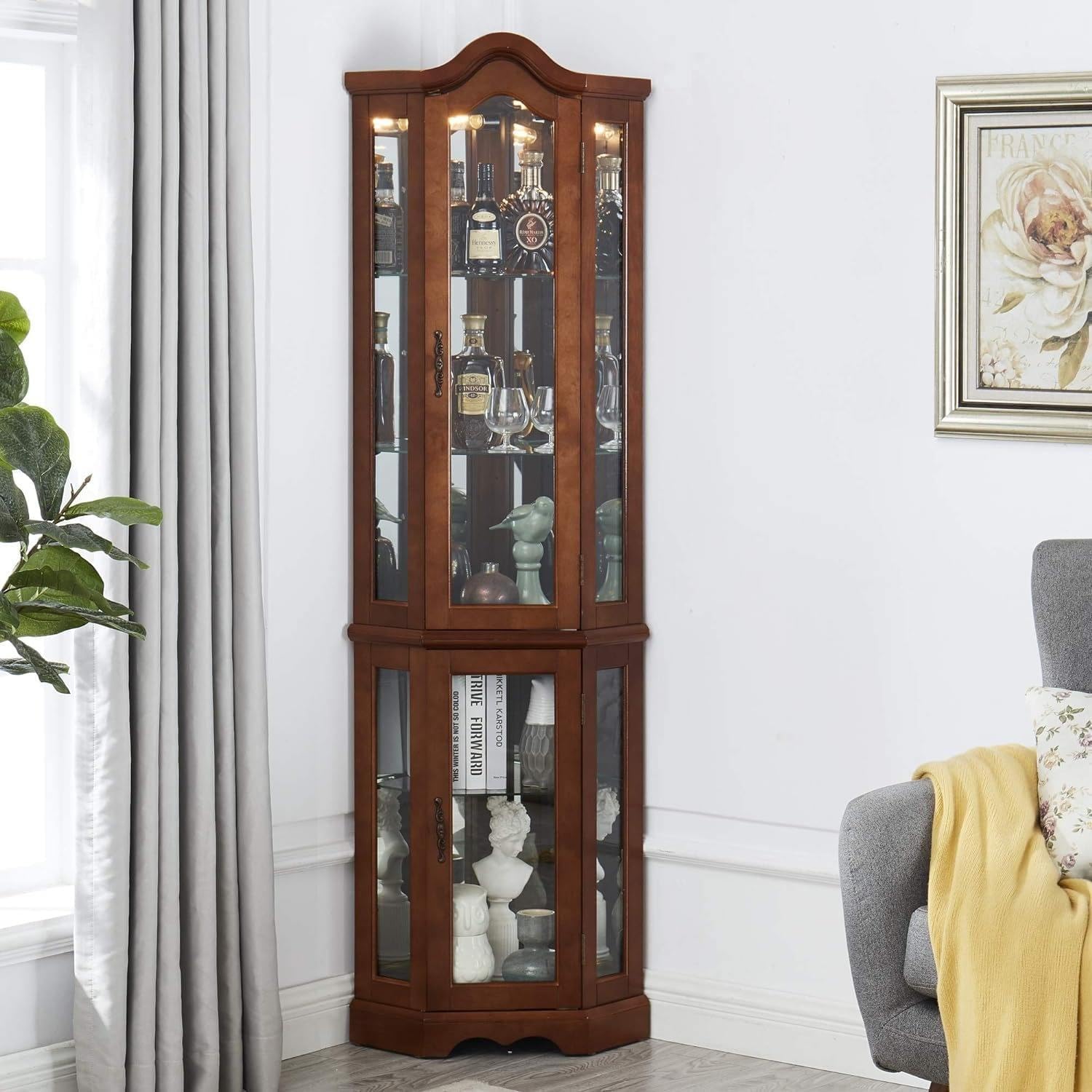 Elegant Walnut Corner Curio Cabinet, 70.25" Height with Glass Doors and Shelves, Classic Brown Finish Display Cabinet, Perfect for Displaying Collectibles and Decorative Items