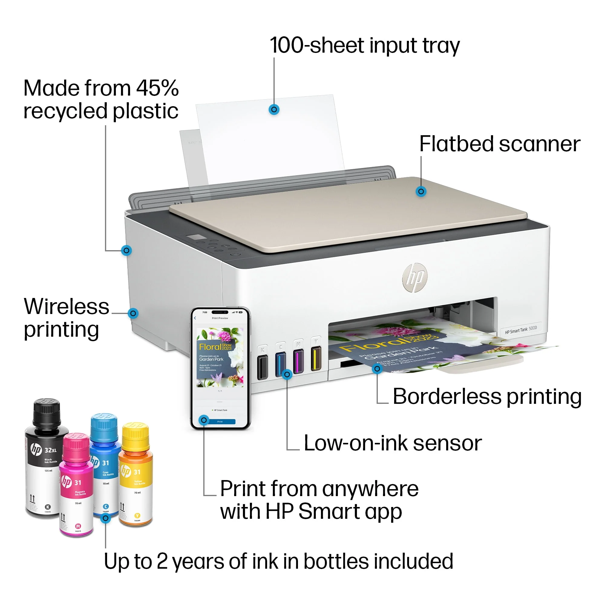 HP Smart Tank 5000 Wireless All-in-One Supertank Color Home Inkjet Printer with up to 2 Years of Ink
