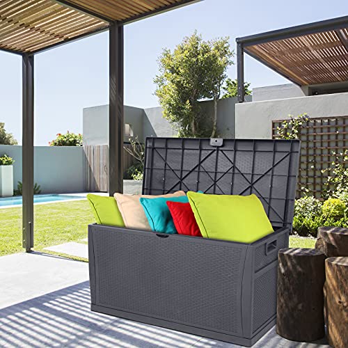 VINGLI 120 Gallon Large Deck Box Outdoor Storage Box with Lid, Plastic Patio Furniture Container Bin Rattan Grain Surface for Cushions Books Garden Tools Pool Accessories (Grey)