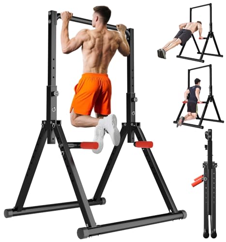 Power Tower Pull Up Dip Station Foldable, Pull Up Bar Station Adjustable, Multi-Function Home Gym, Strength Training Fitness Equipment, Triangular Design, for Home Outdoor