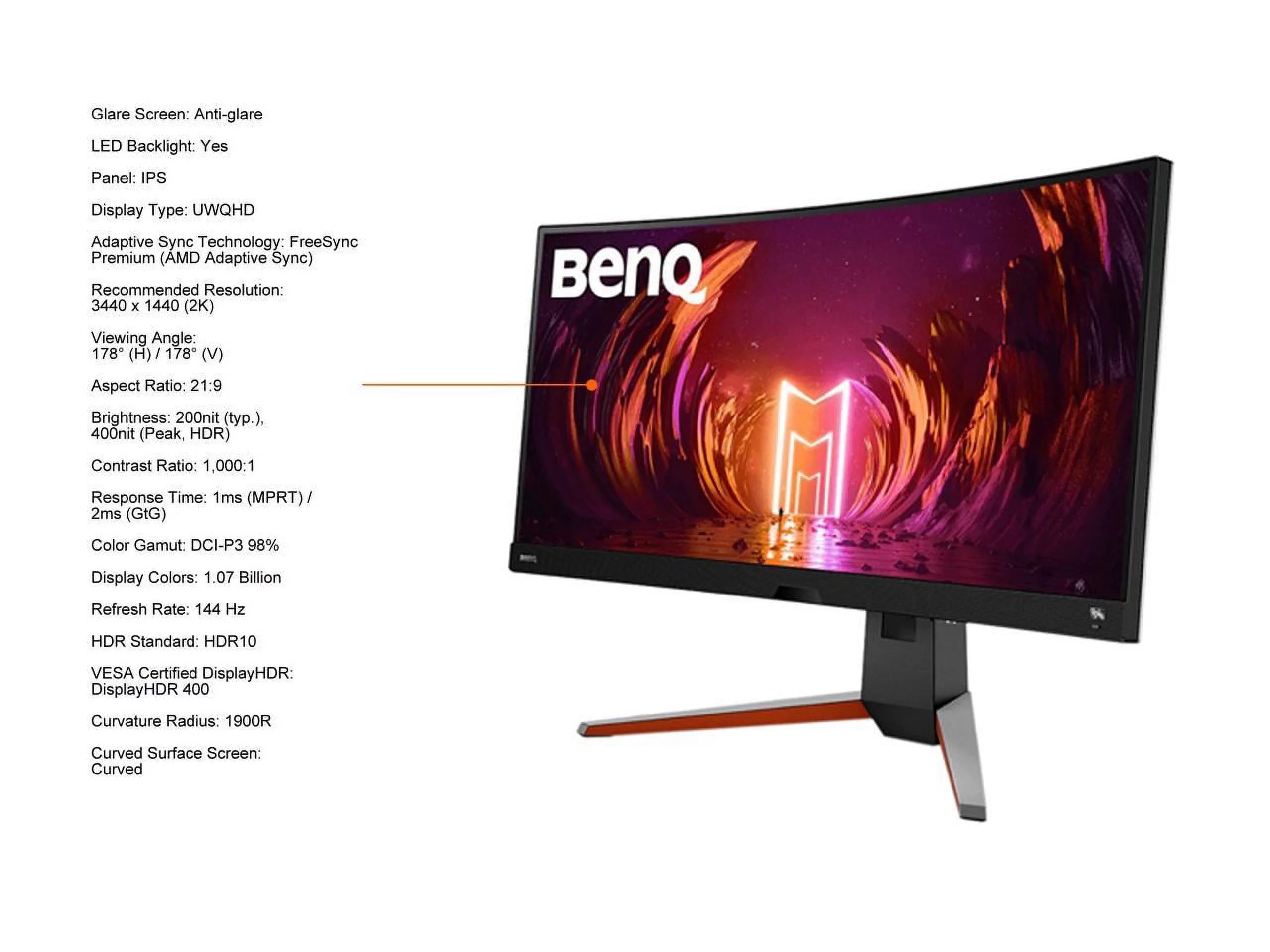 BenQ EX3415R 34" UWQHD 3440 x 1440 (2K) 144 Hz 1 ms (MPRT) DisplayHDR 400, HDMI, DisplayPort, USB, Audio, FreeSync Premium (AMD Adaptive Sync) Built-in Speakers Curved IPS Gaming Monitor
