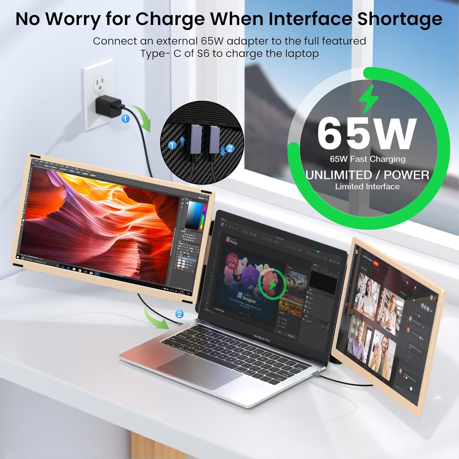 15.6’’ Laptop Screen Extender, Portable Triple Monitor for Laptop with 86% NTSC IPS FHD 1080P Display, Detachable Monitor Extender Compatible with Wins/Mac/Dex/Chrome, Working with Desktop/Mini PC
