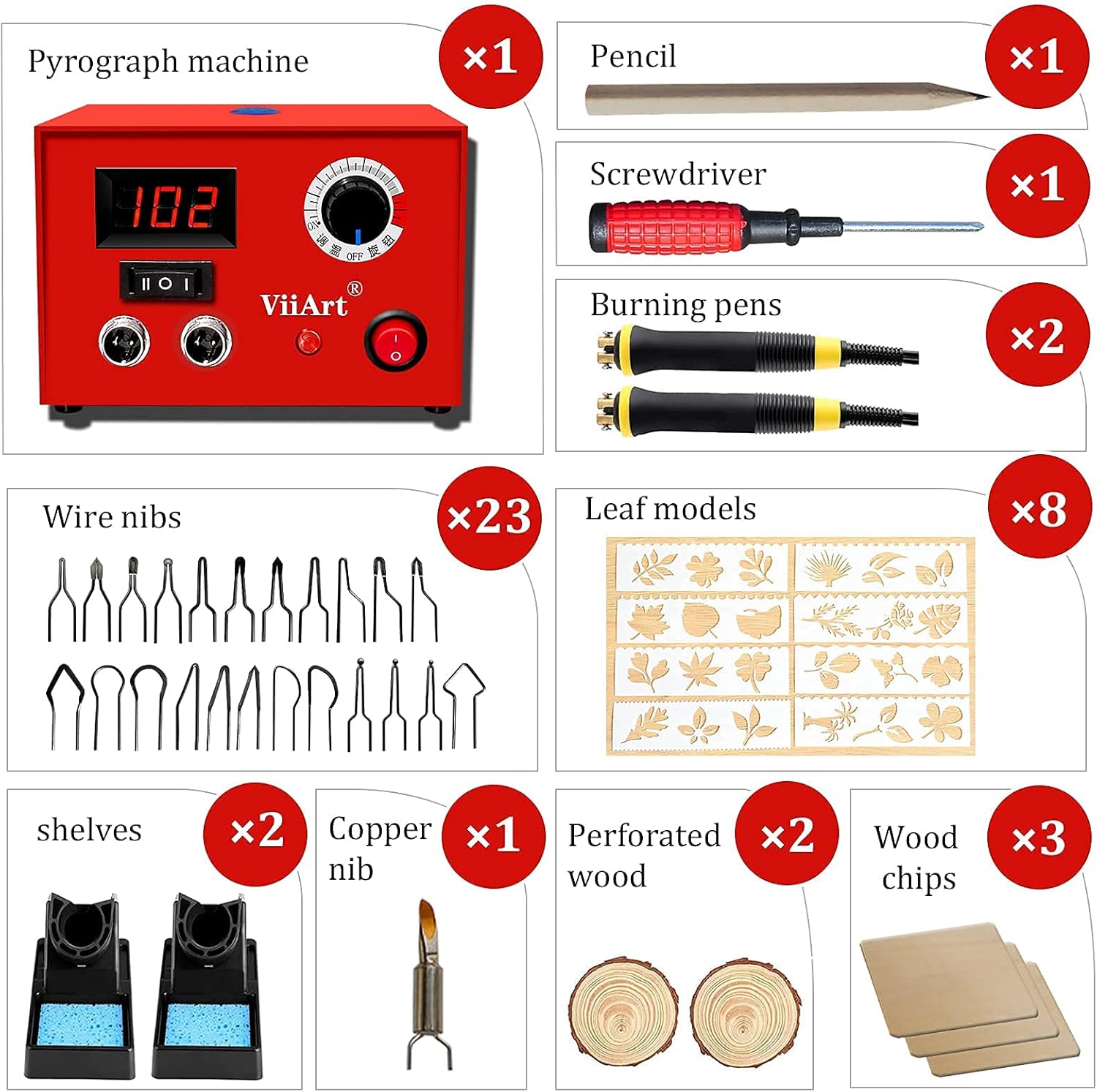 ViiArt Wood Burning Kit Professional Digital Adjustable Wood Leather Pyrography Machine Kit Wood Burner Tool 24 Wire Tips(Single Pen)