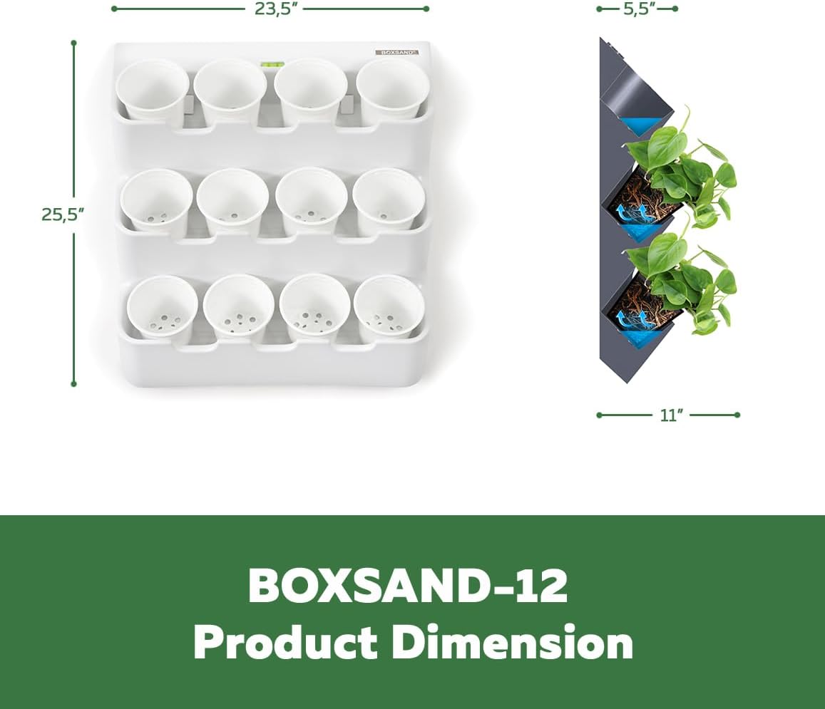 BOXSAND-12 (24"x26") Living Wall - Wall Planter, Vertical Garden for 12 Plants, Indoor/Outdoor, 2 Screws Install (White) with Black Square Pots