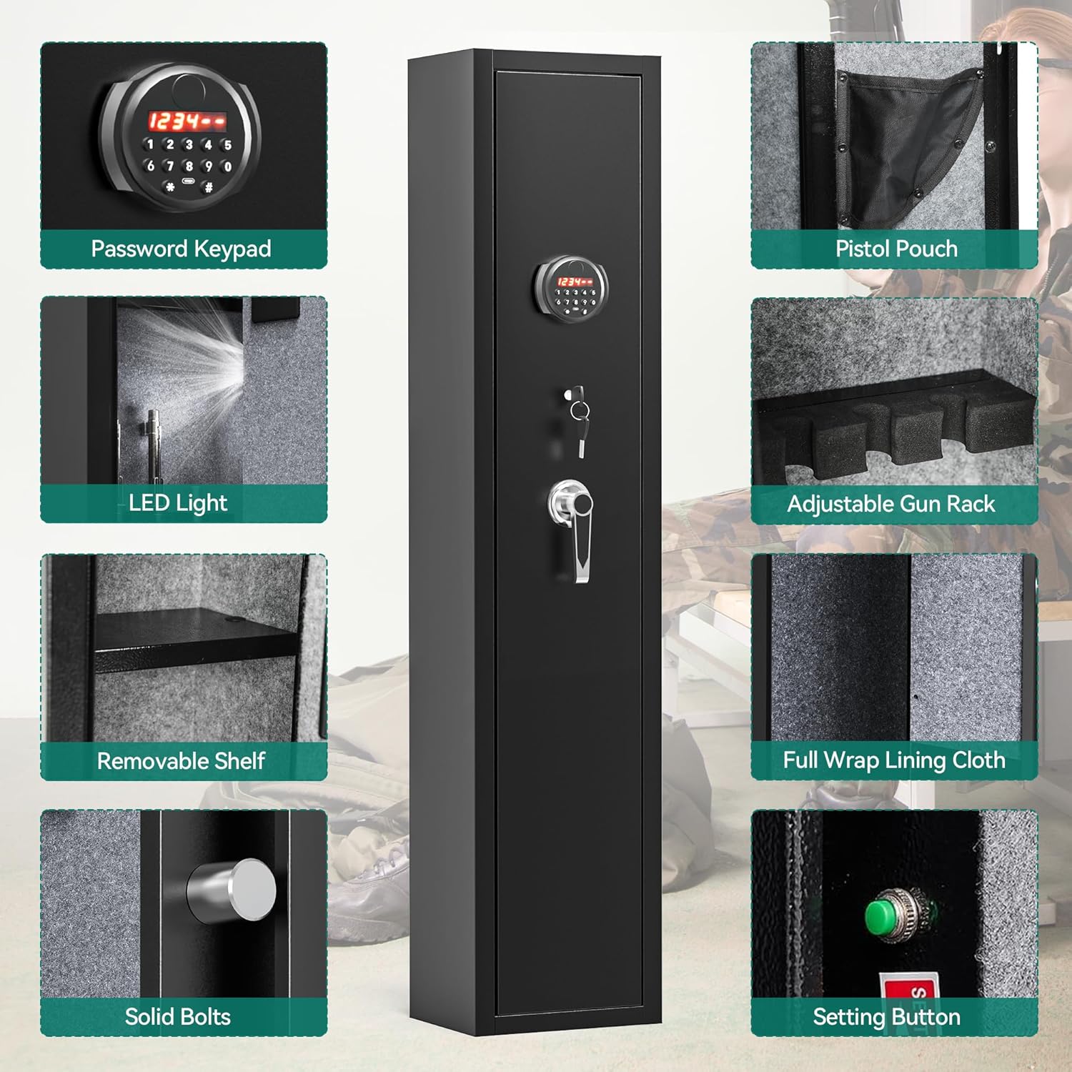 YITAHOME 3-5 Rifle Gun Safe, Quick Access Gun Cabinets with Digital Keypad and Fireproof Bag, Password Lock Gun Safes for Home Rifles and Pistols, Rifle Safe with Pockets and Removable Shelf