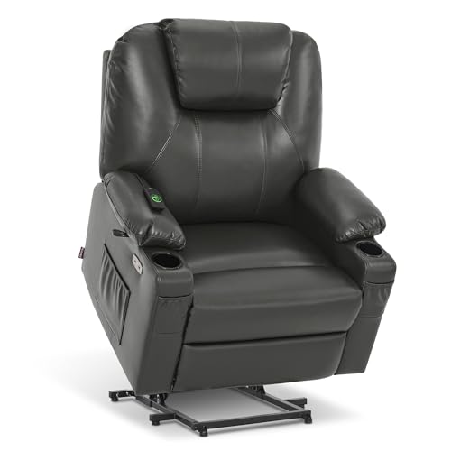 MCombo Power Lift Recliner Chair for Elderly, Lift Chair with Heat and Massage, FSC Certified, USB Ports, Cup Holders, Faux Leather 7040 (Black, Medium)