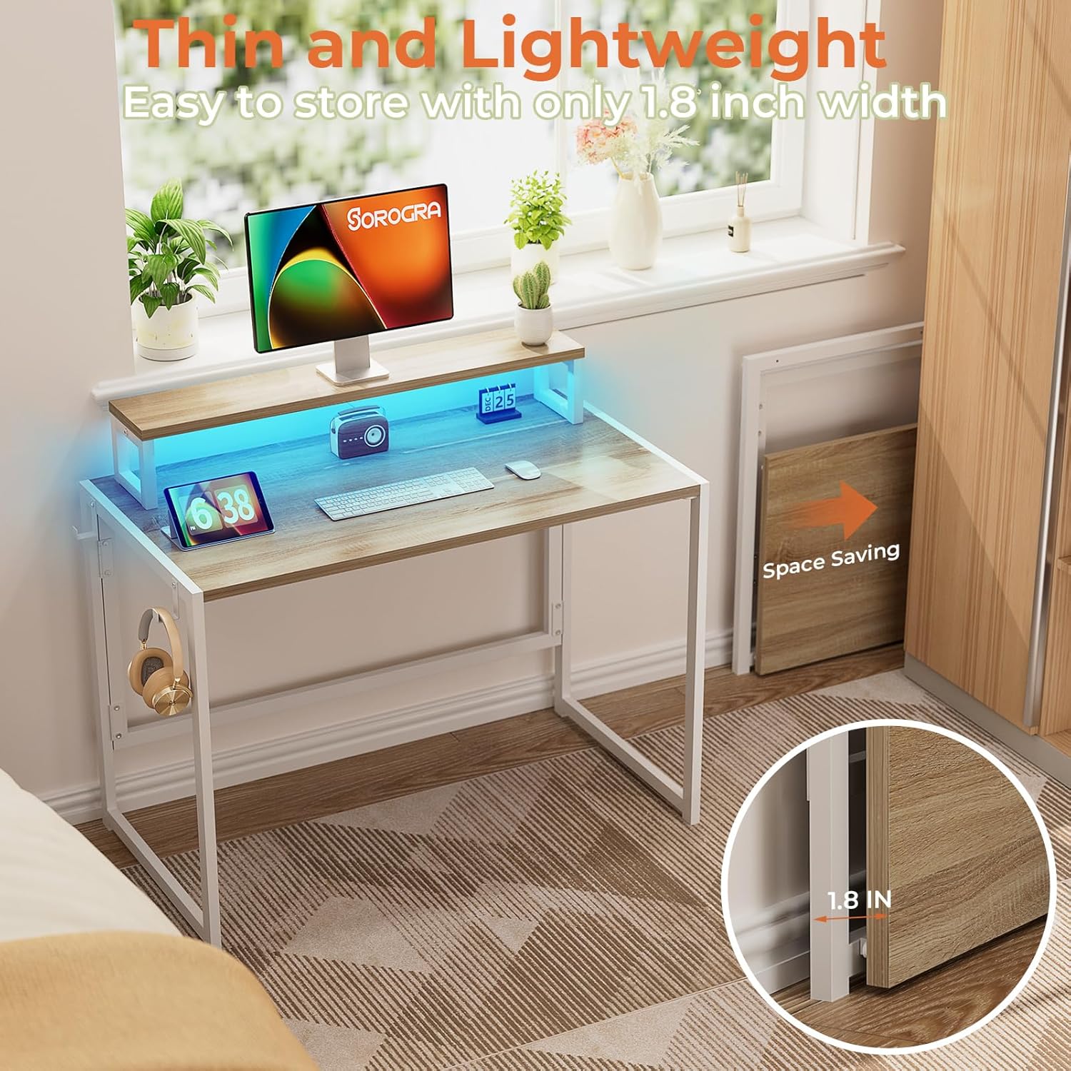 Coavas 31.5 inch Folding Desk No Assembly Required, SOROGRA Folding Desk Small Foldable Desk 31.5 inch with Led Lights for Small Space