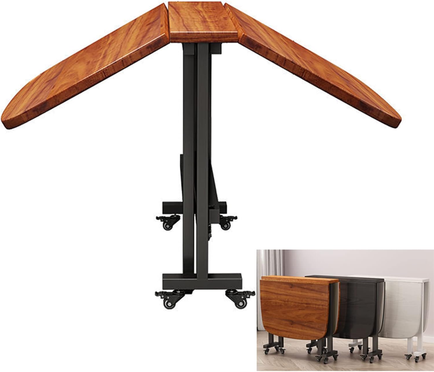 Kitchen Folding Tables, Butterfly Folding Dining Set 4 Space-Saving Folding Dining Table Set with 4 Chairs and 360° Universal Wheels Movable Drop Leaf Table