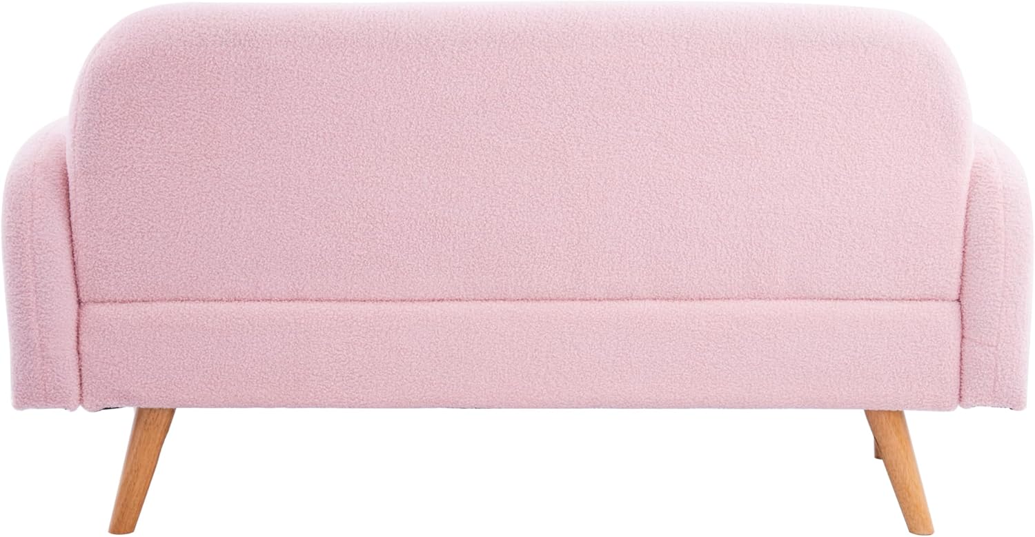 59" Sofa Loveseat with 3 Lumbar Pillows, Mid Century Modern Teddy Fabric Velvet Mini Couch for Living Room, Accent Sofa&Couches with Wood Leg Feet for Home Offices Bedroom, Pink