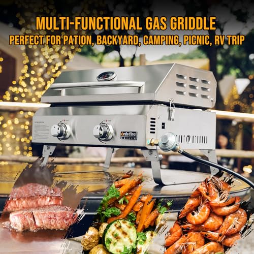 Onlyfire Flat Top Gas Griddle, 2-Burner Tabletop Propane Gas Grill Griddle, Portable Griddle for Outdoor Cooking Kitchen, Tabletop Griddle for BBQ Grill Camping Tailgating RV, Stainless Steel