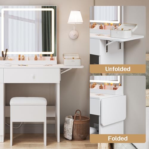 Haewon Makeup Vanity Desk with Mirror and Lights, White Vanity Table with Power Outlet and 3 Lighting Modes, Dressing Table Set with Cabinet Drawers Shelves and Storage Stool for Bedroom