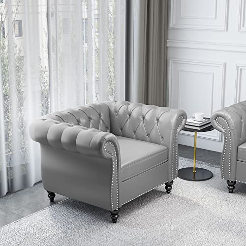 3 Piece Living Room Set, Chesterfield Velvet Sofa Loveseat Couch Chair with Scroll Arms and Nailhead for Living Room, Office (Beige, 1-2-3)