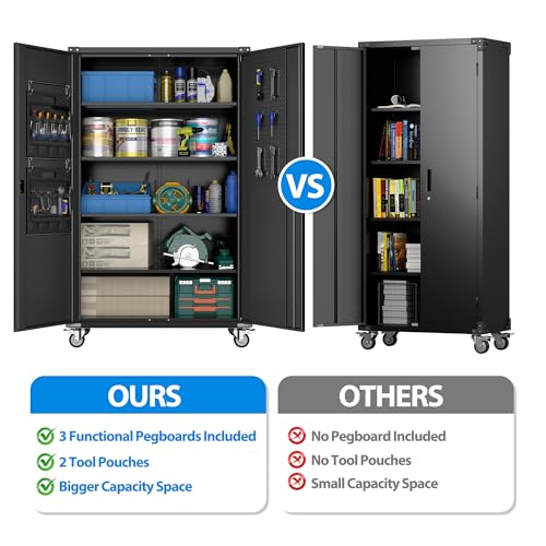 Aobabo Garage Storage Cabinet with Wheels,72" H Metal Storage Cabinet with 2 Doors and 4 Adjustable Shelves for Garage Home, Black,Required-Assembly
