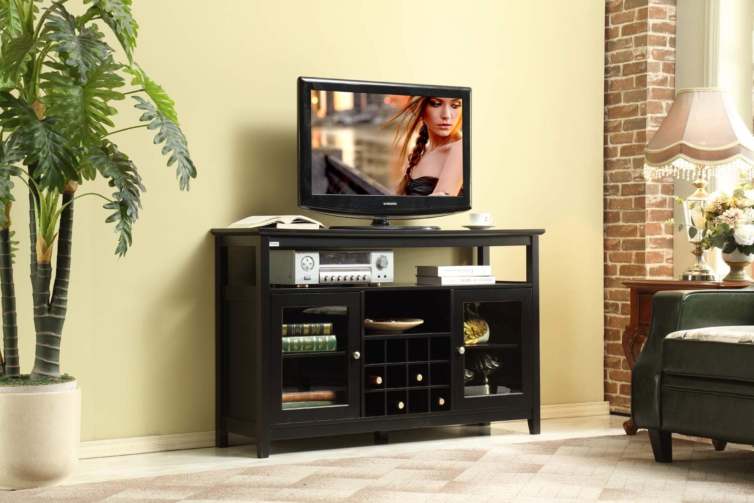 52" Concise Wooden Sideboard with Wine Rack, Liquor Cabinet Buffet Table Tall Console Dining Server Storage Cabinet, Coffee Bar Cabinet with Adjustable Shelves, Painted Finish, Black
