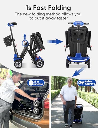 Mobility Scooter for Adults, Seniors - 37.5 lbs Ultra Lightweight Folding Mobility Scooters for Seniors Airport Approved, All Terrain 4 Wheel Motorized Scooter for Travel, 275 lbs Capacity, Blue