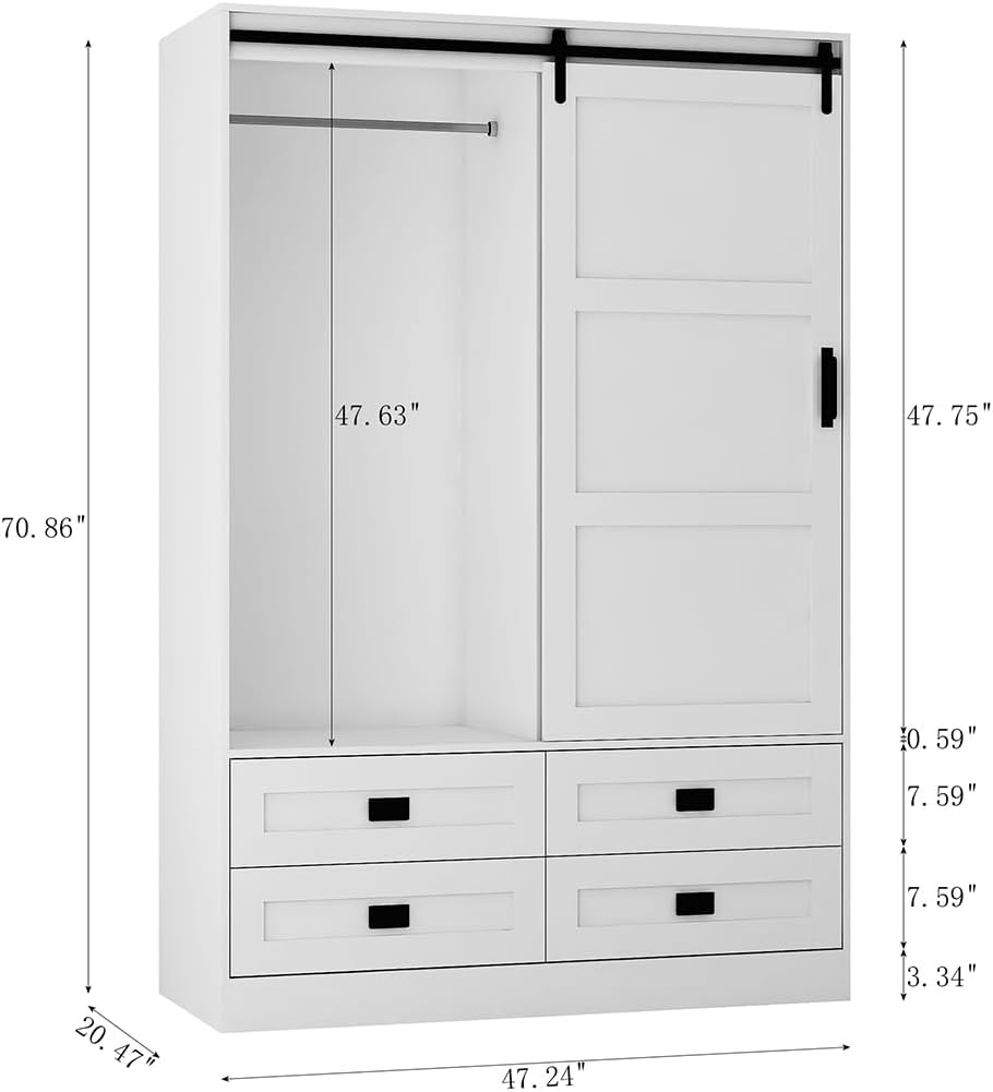 Solid Wood Armoire Wardrobe Closet, Large Wardrobe Cabinet with Sliding Barn Door, 4 Drawers, 3 Adjustable Shelves & Hanging Rod, Freestanding Wooden Closet for Bedroom, 47.3"W x 70.9" H x 20.5"D