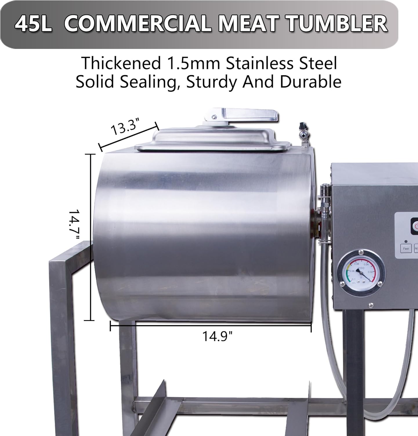 Hakka Commercial Meat Tumbler 90lb/45 liters - Vacuum Curing Machine for Jerky, Sausage, Bacon & More - Stainless Steel Food-Grade Tumbling Marinator w/Bidirectional Rotation & Speed Control